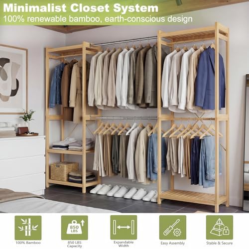Homykic Bamboo 74"-88" Expandable Clothing Rack with 5 Hang Rods, 5...