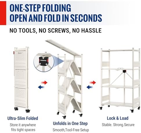WORKPRO 4-Tier Folding Shelf, No-Assembly Metal Storage Rack with Wheels, 600...