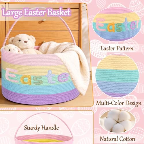 Rainbow Easter Basket, Extra Large Easter Egg Hunting Basket, Woven Cotton Ro...