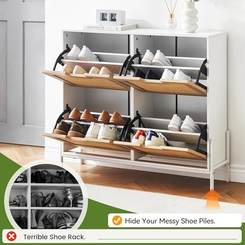 IDEALHOUSE Rattan Shoe Storage Cabinet with 4 Flip Drawers, Freestanding Shoe...