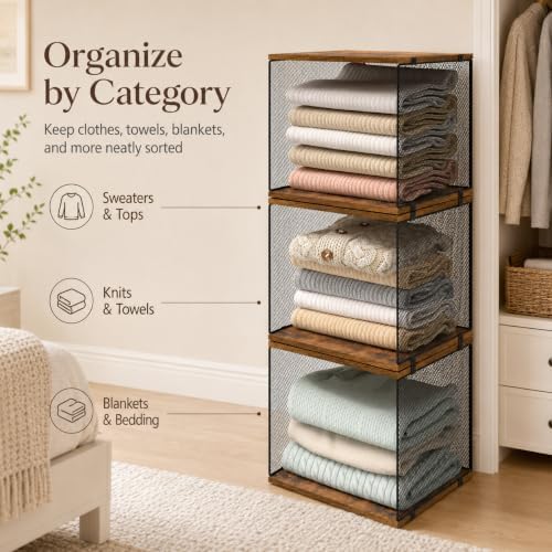 Honkazita 3-Pack Stackable Wire Closet Organizers with Wood Tops