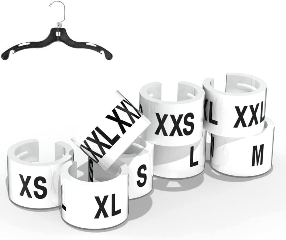 White Garment Hanger Clips, Black Print, 800 Pcs, XXS-XXXL, 100 Each Size