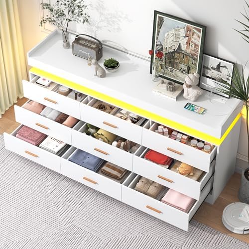 jiteentarou 9 Drawer Dresser with Charging Station and LED Lights, Modern Che...
