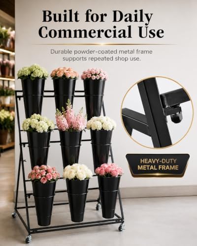 Flower Display Stand with 9 Buckets, 3-Tier Metal Flower Cart with Wheels, He...