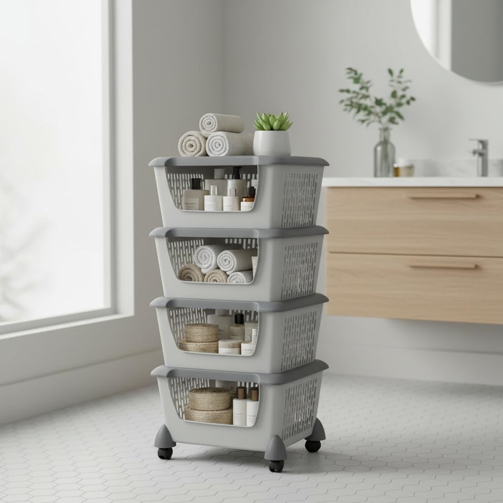 5 Tiers Plastic Kitchen Stacking Storage Baskets Bins, Grey