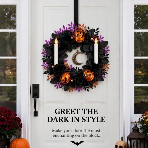 18'' Halloween Wreath with Lights, Black Roses, Crow, Pumpkin