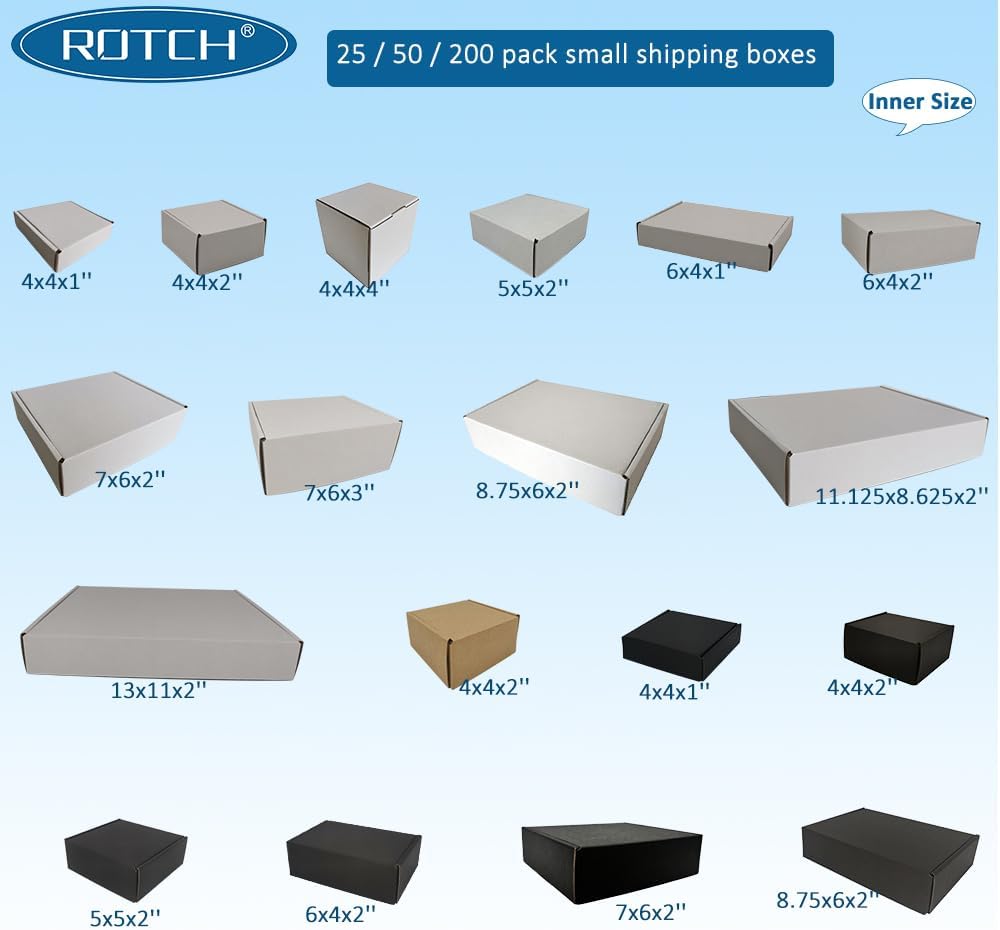 ROTCH 50 Pack 7x6x2'' Small Shipping Boxes Black, Cardboard Corrugate...