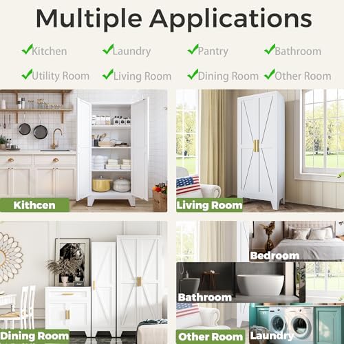 COFaR 5 Tier Metal Farmhouse Storage cabinets with Doors and Shelves, White