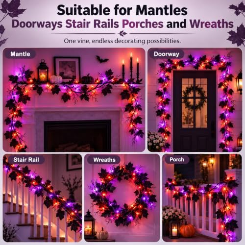 Halloween Garland with Orange & Purple Lights, 9 FT Black Maple Leaves