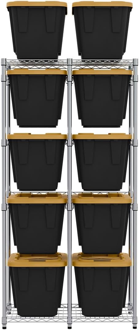 SafeRacks 12 Gallon Tote Storage Rack with 10 Bins and Lids, 5-Tier, Silver