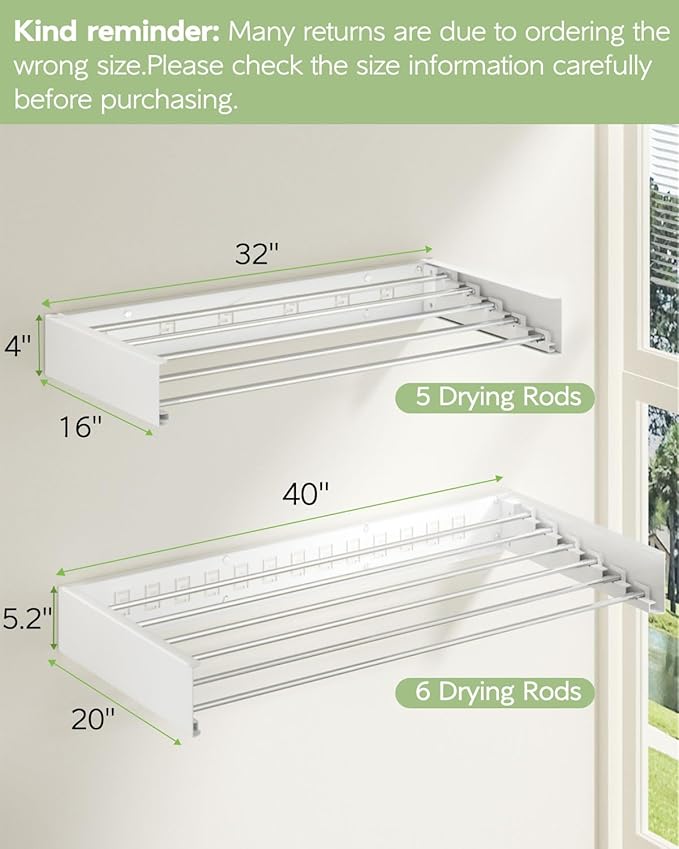 Wall Mounted Clothes Drying Rack 40 inches, Foldable Wall Mount Laundry Rack