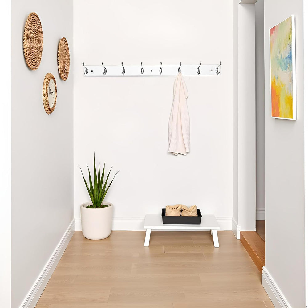 Wooden Wall Mounted Coat Rack 35 inch (90cm) with 8 Silver Hooks, Lang Wood W...