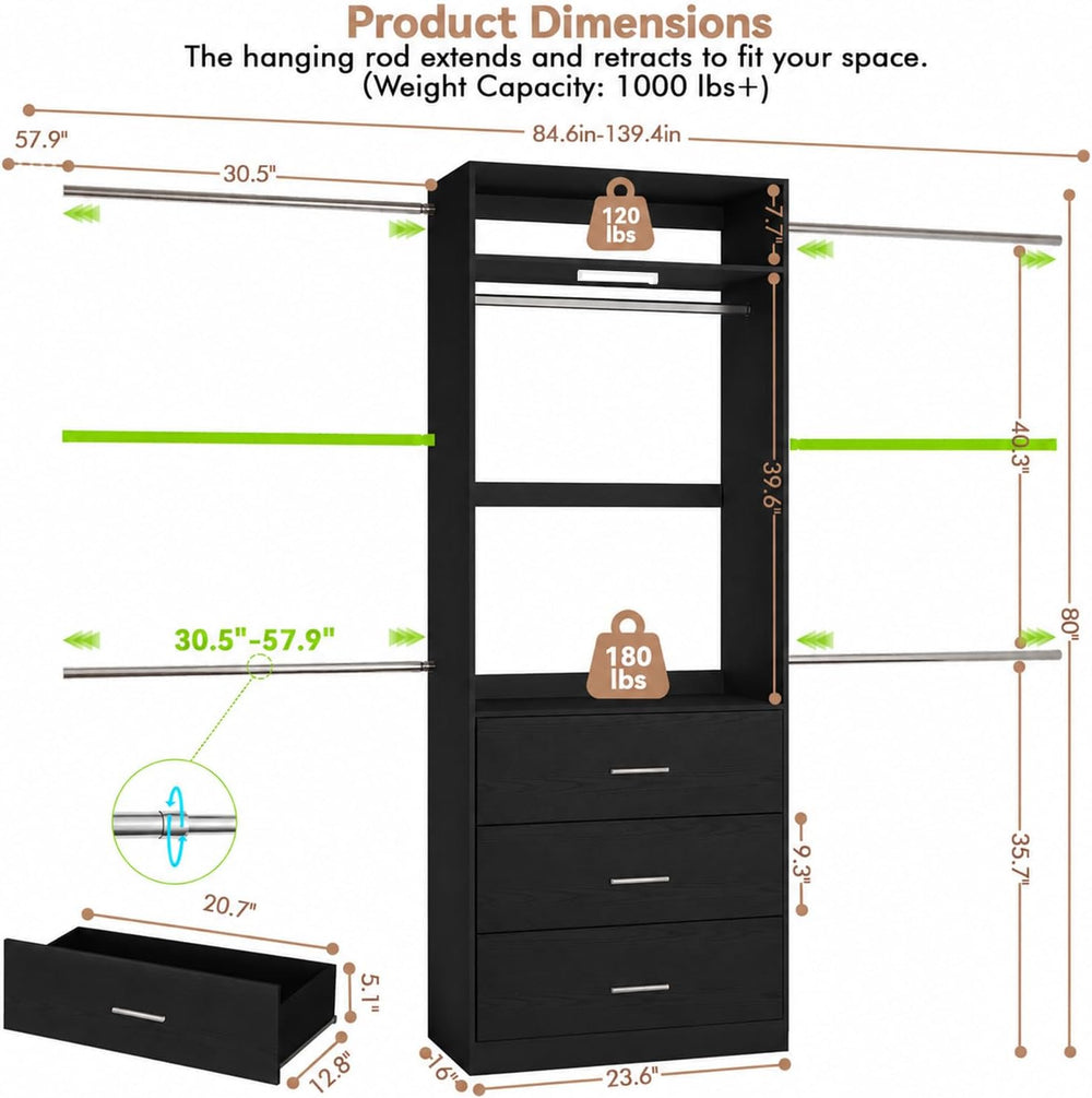 Wooden Closet System With LED Light 11FT Closet Organizer with 3 Wooden Drawe...