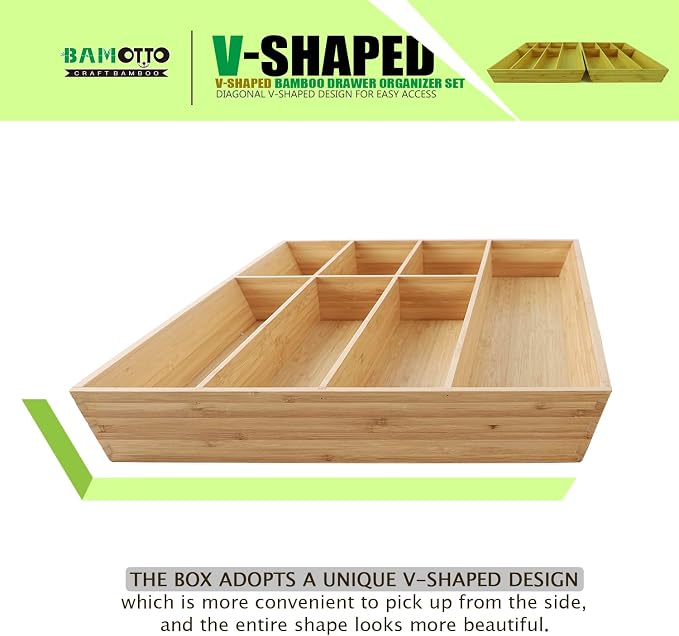 V-Shaped Extra Large Bamboo Drawer Organizer Set of 2, Kitchen Cutlery Tray