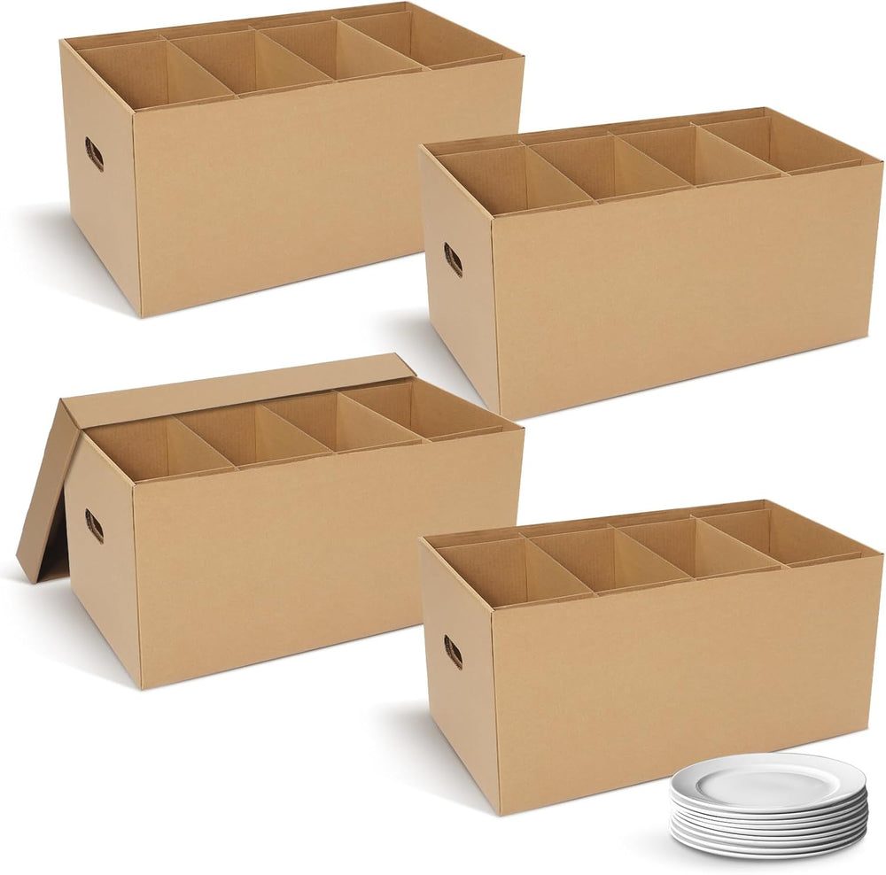 Fuyoooo 4 Pack Large Dish Packing Boxes for Moving with Divider 24 x 12 x 11 ...
