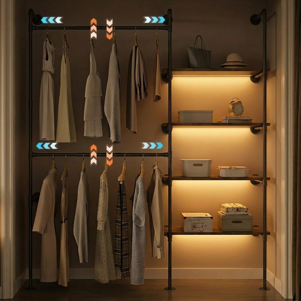 Expandable Industrial Pipe Clothing Rack with LED Lights