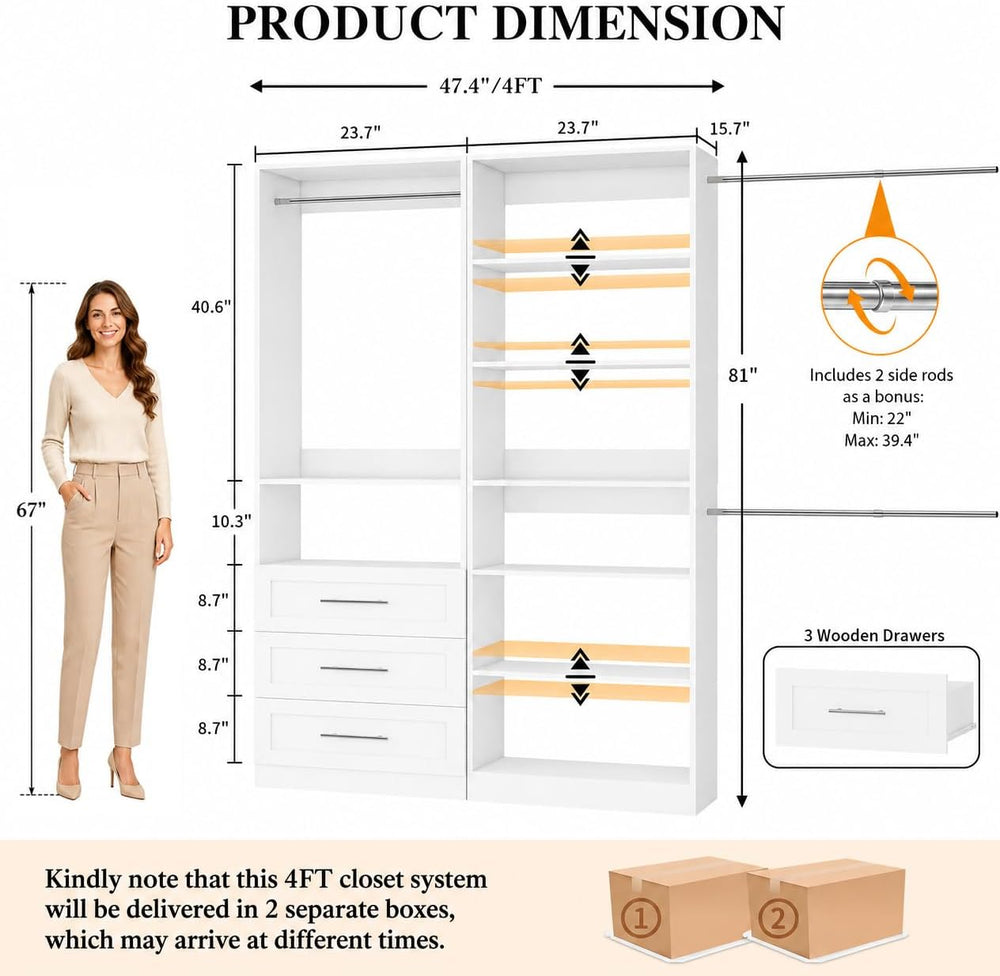 Closet System with 2 Sets, 4FT-10FT Custom Closet Organizer System with 3 Dra...