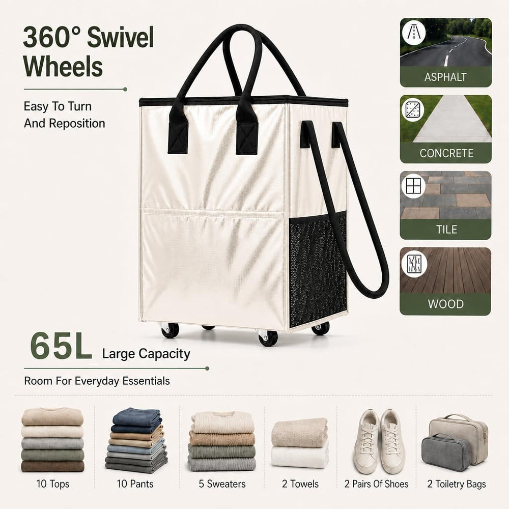 Rolling Grocery Bag on 4 Wheels,18 Gallon Foldable Tote Bag with 4 Handles