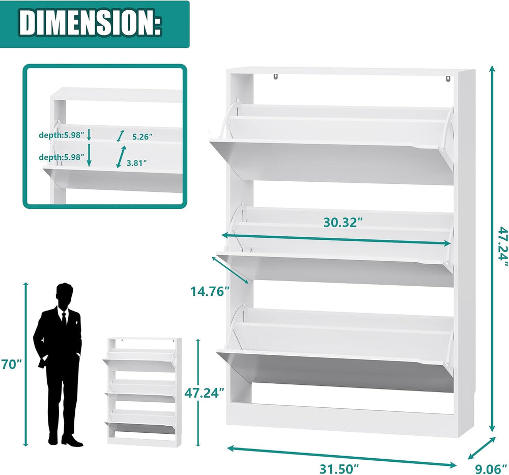 Xixini Shoe Storage Cabinet for Entryway with 3 Flip Drawers, Sturdy Wood Hid...