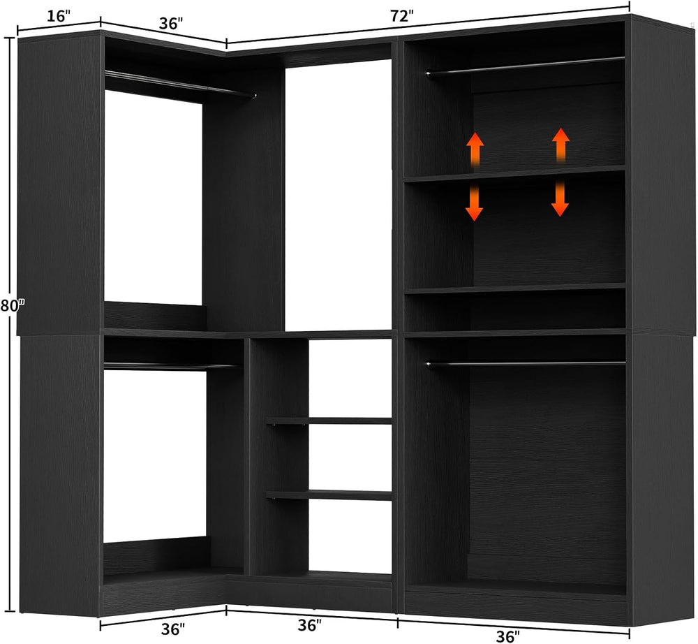 Unikito Corner Closet System, 72" L-Shaped Closet Organizer with 4 Hangi...
