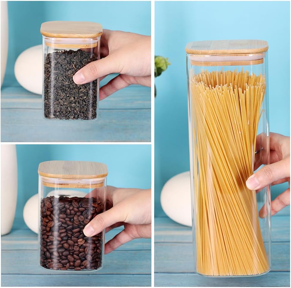 LEAVES AND TREES Y Glass Storage Canister with Wooden Lid, Set of 7 Square Gl...