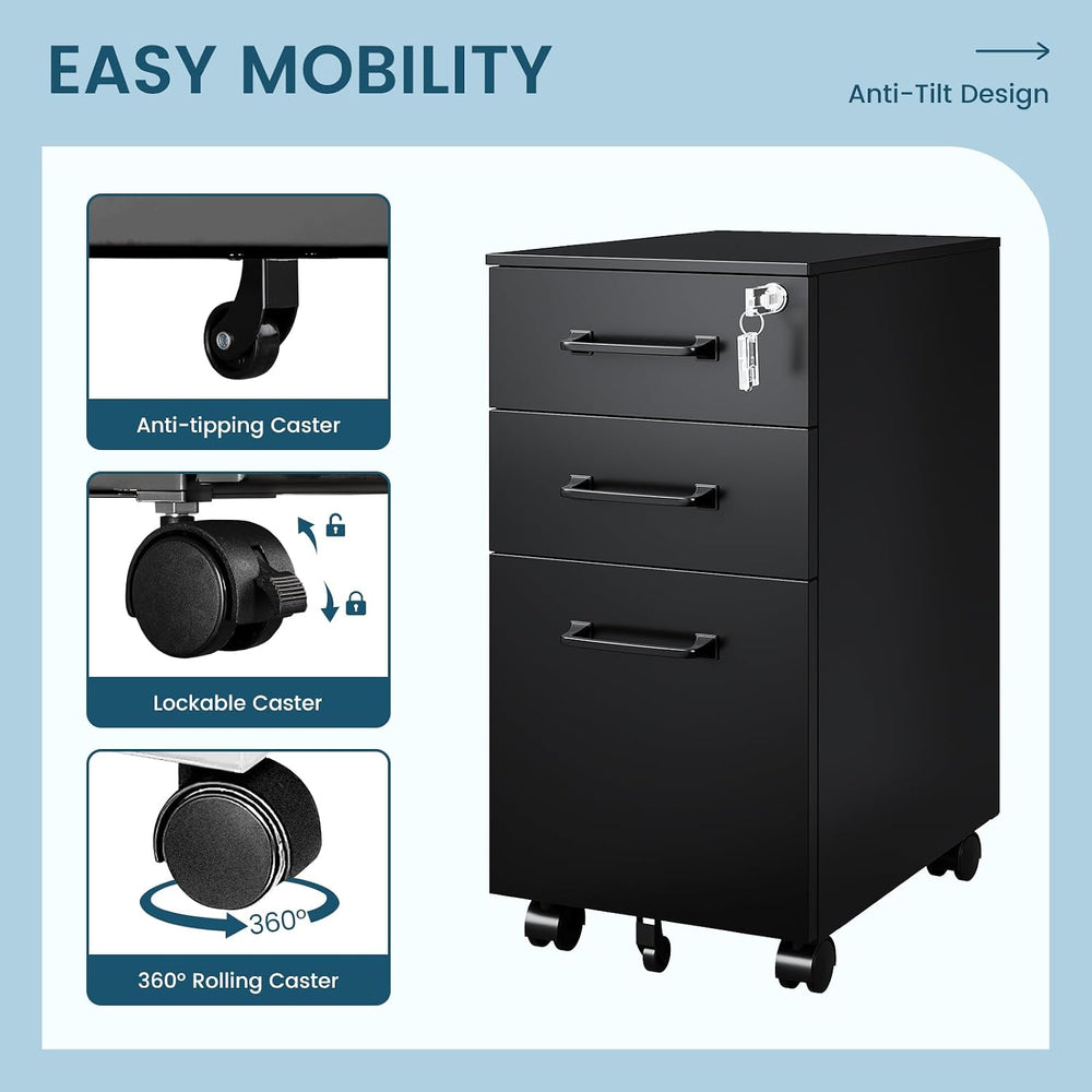 MIIIKO File Cabinet 3 Drawers on Wheels Under Desk, Black Metal File Cabinets...