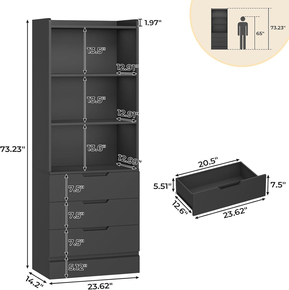 DICTAC Bookcase with 3 Drawers and Shelves 73.23'' Tall Bookshelf wit...