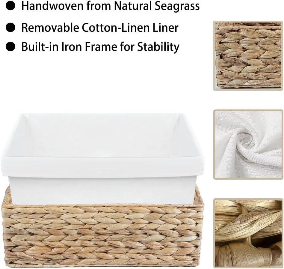 Water Hyacinth Shelf Baskets 4-Pack, Handwoven Wicker Bins with Removable Lin...