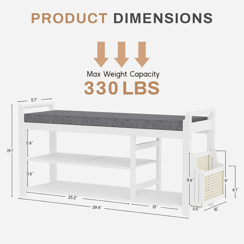 Homaxy 2-Tier Shoe Rack Bench, 39.4 in, White and Dark Grey