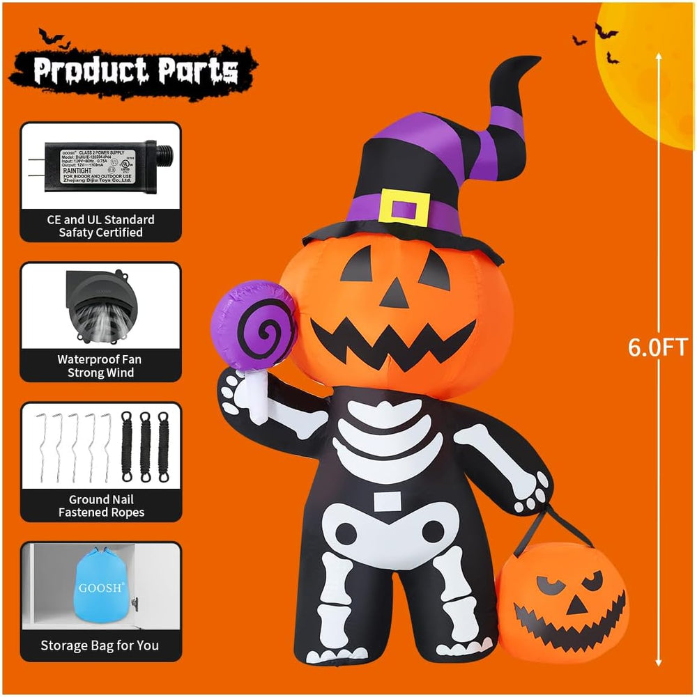 GOOSH 6 FT Halloween Inflatable Pumpkin Skull Body Outdoor Decorations Blow U...