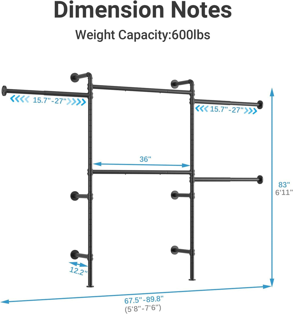 Timate P3 Wall Mounted Closet Organizer System with 5 Hanging Rods, Adjustabl...