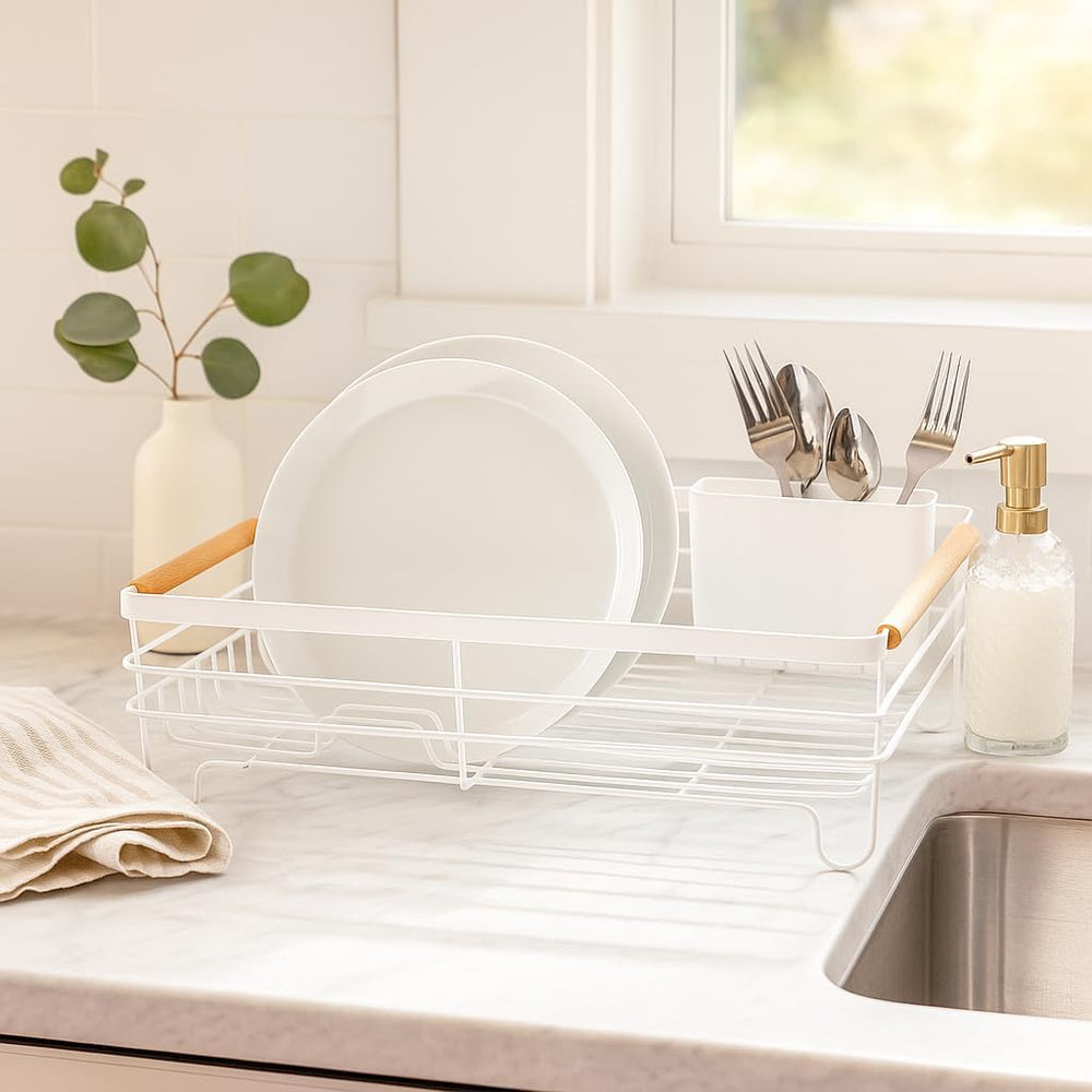 Oggi Large Dish Drying Rack - White & Bamboo Dish Drying Rack, Drying Rac...