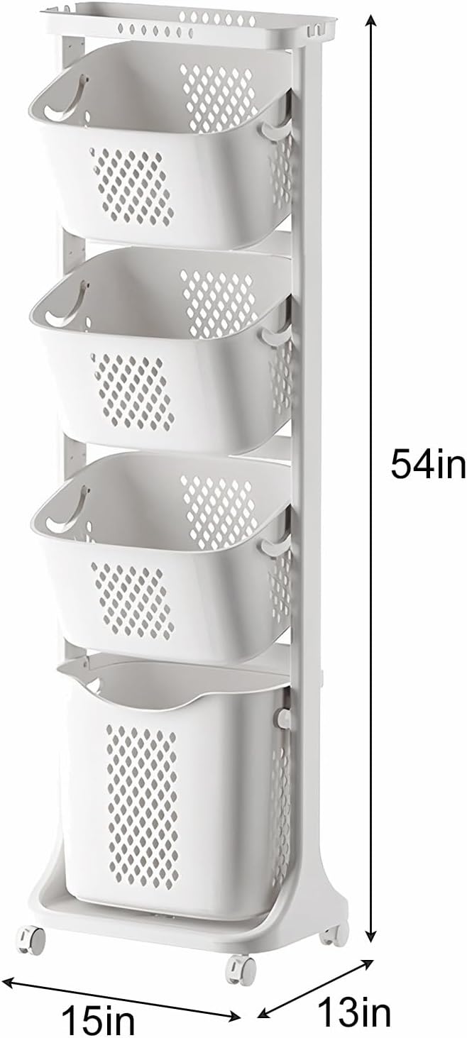 4-Tier Laundry Hamper Sorter with Rolling Baskets for Bathroom White