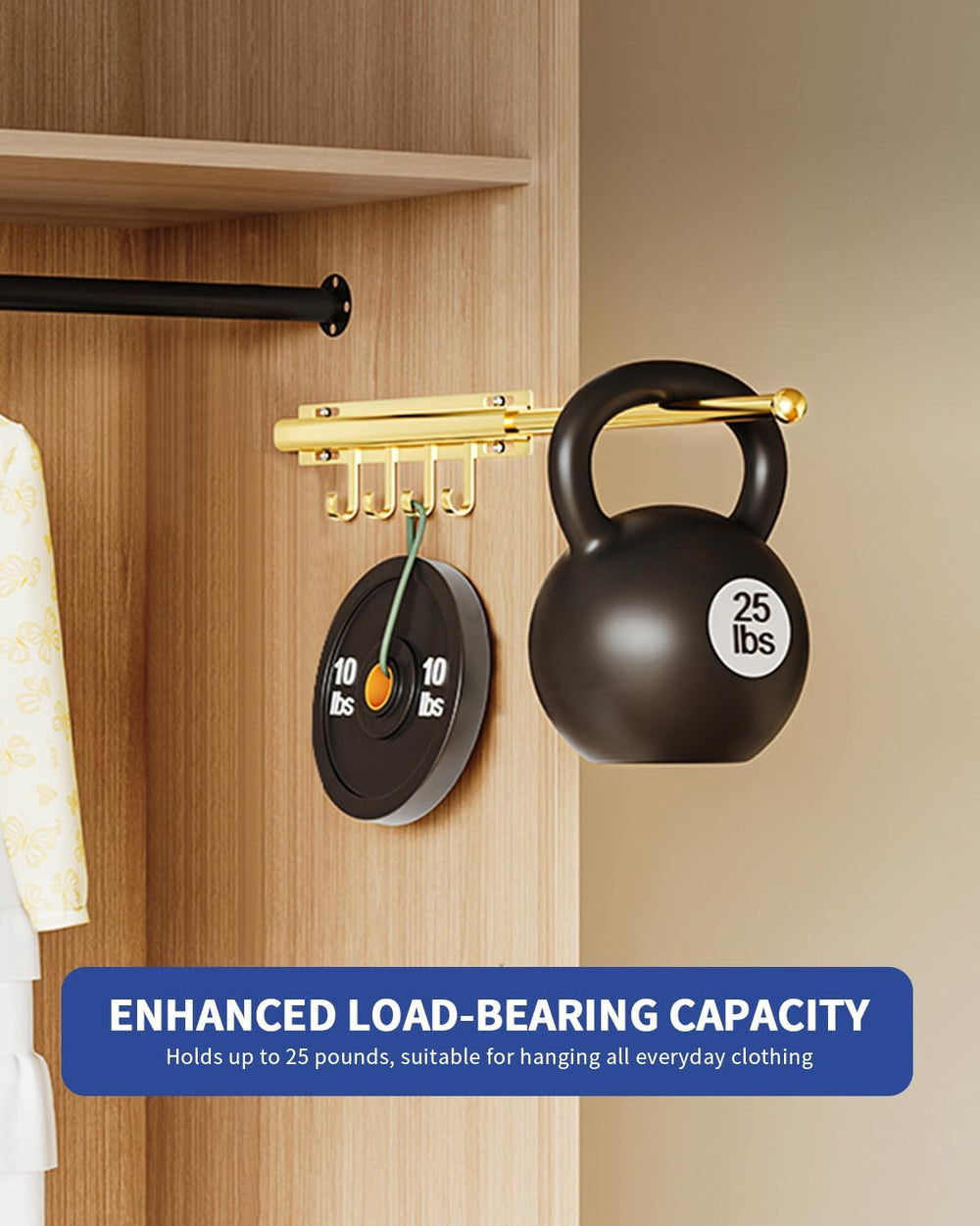 Valet Rod for Closets Pull Out 12" Gold with 4 Hooks (2Pack)