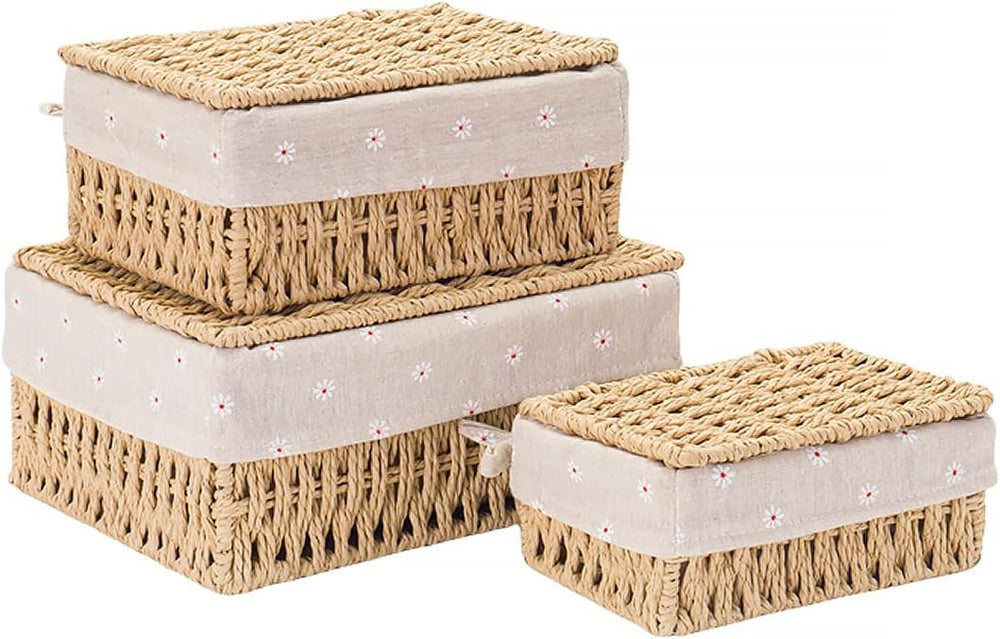 GIB Small Wicker Baskets with Lid & Liner Decorative Storage Boxes Set of 3