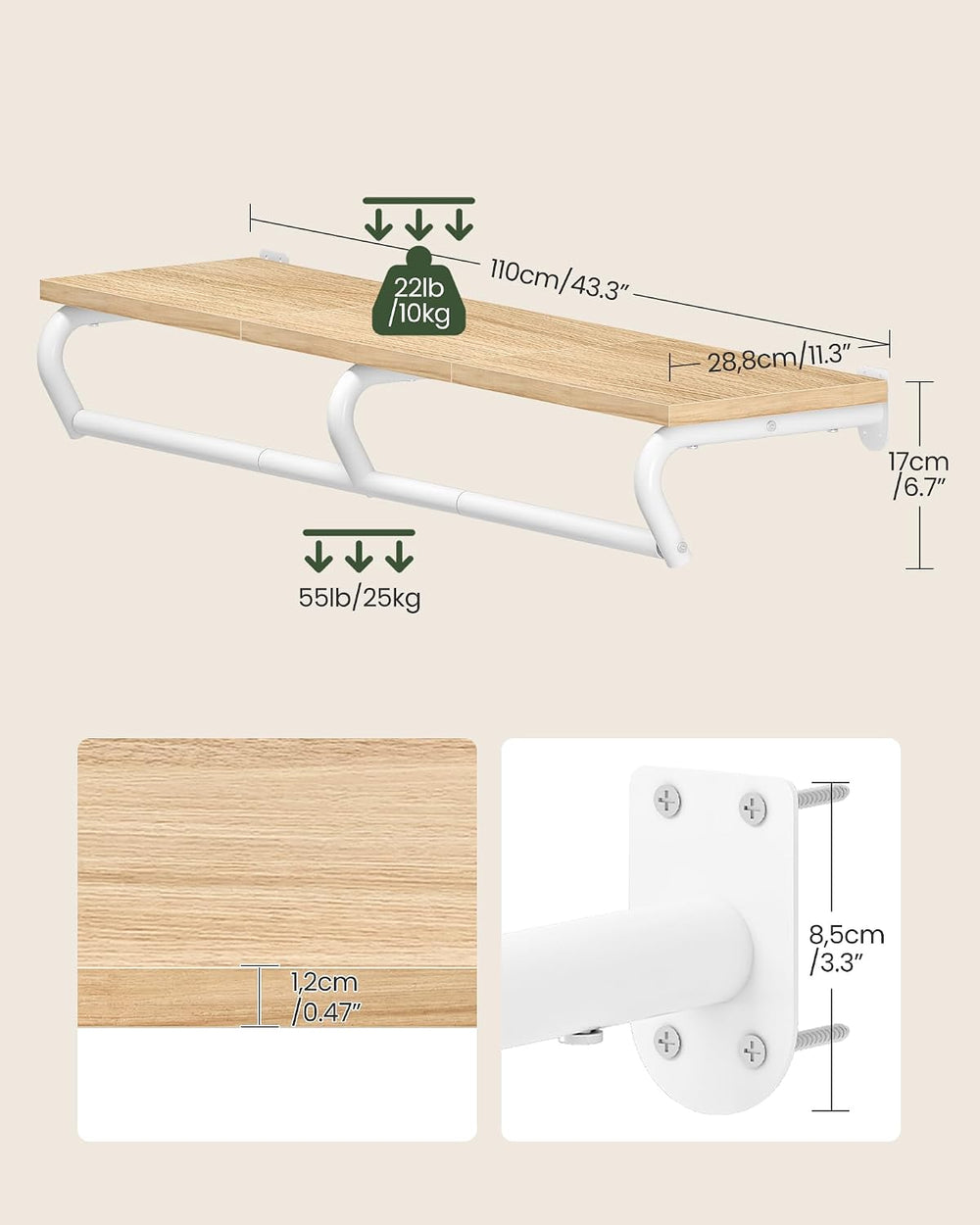 Wall Mounted Clothes Rack, Metal Garment Rack with Top Shelf, Laundry Storage...