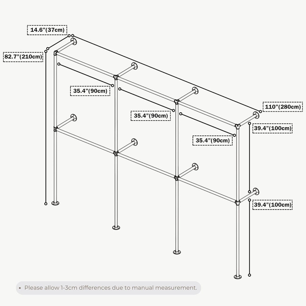 Industrial Pipe Clothing Rack, Wall Mounted Clothes Rack, 110", 6 Rods