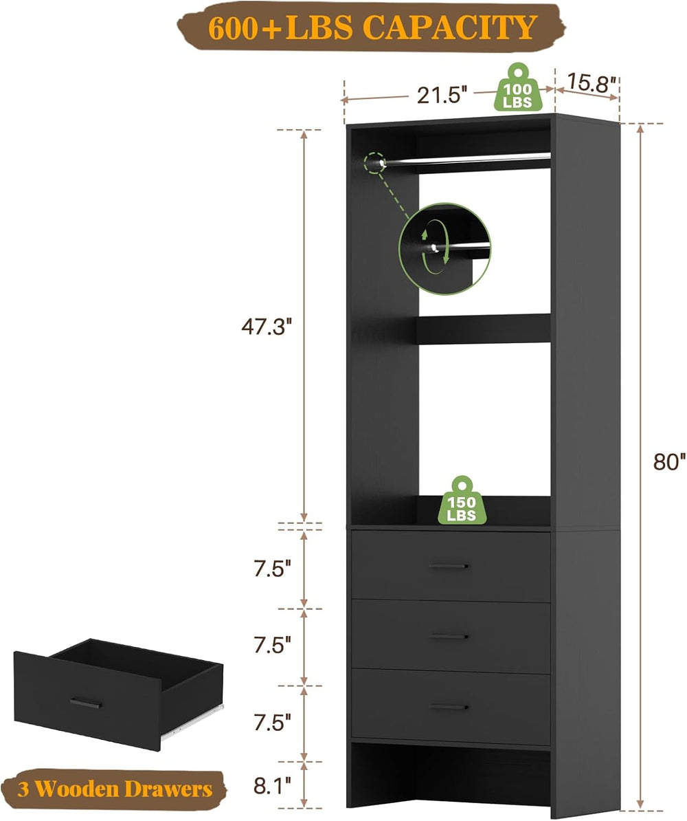 Aheaplus 1.8FT Closet System with 3 Drawers, 21.5’’ Closet Organizer, Black