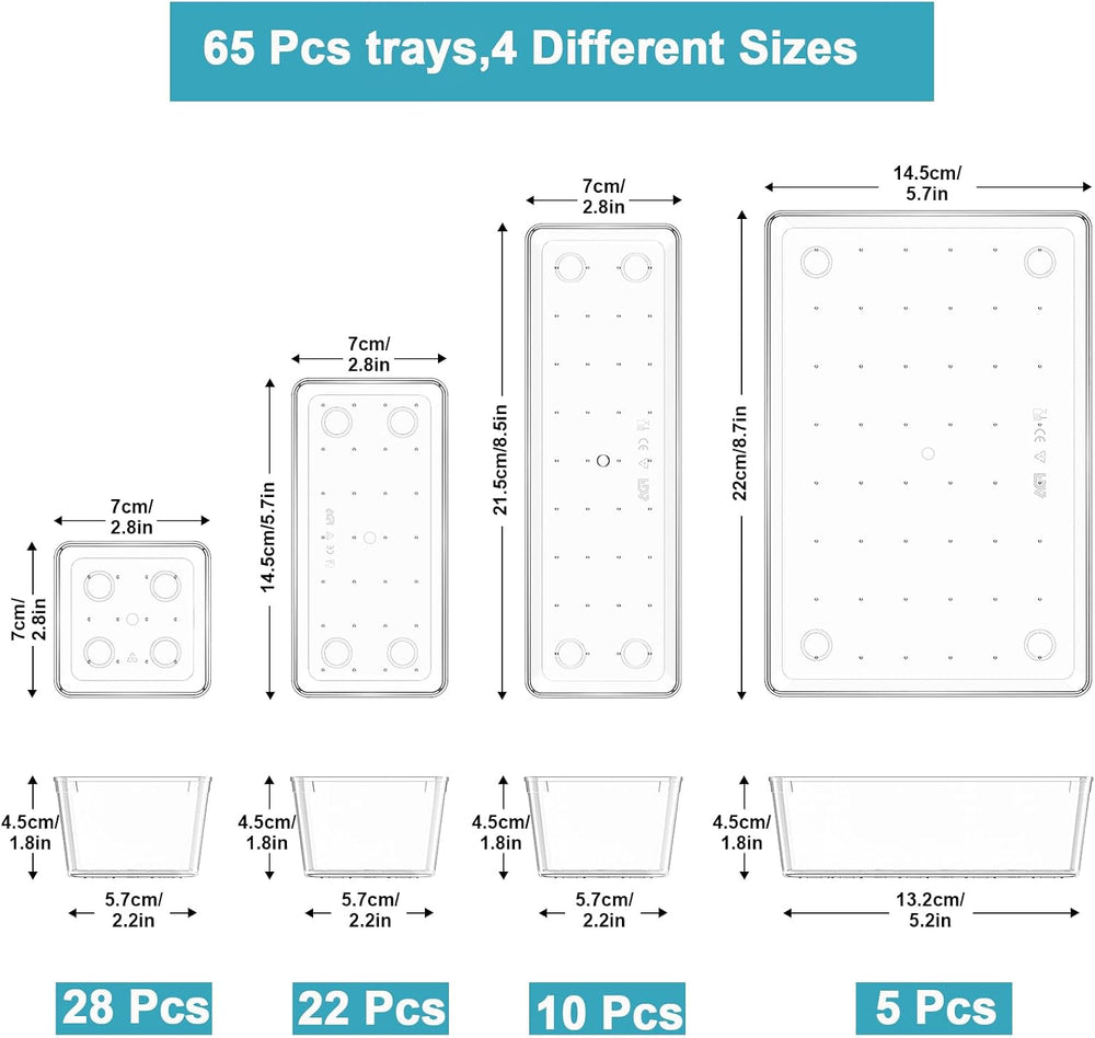 65 Pcs Clear Plastic Drawer Organizer, Makeup & Vanity Organizer