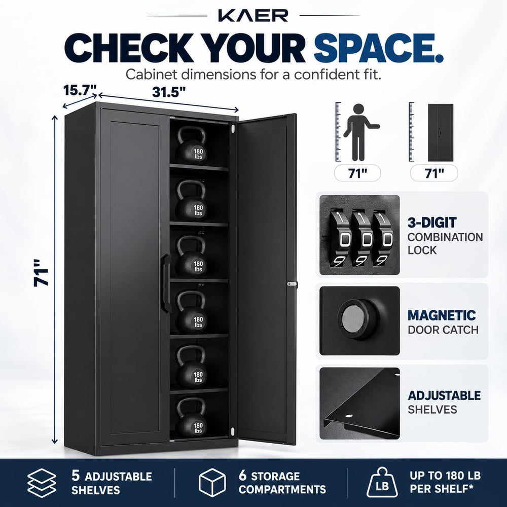 KAER 71" Metal Garage Storage Cabinet with Combination Lock, Black
