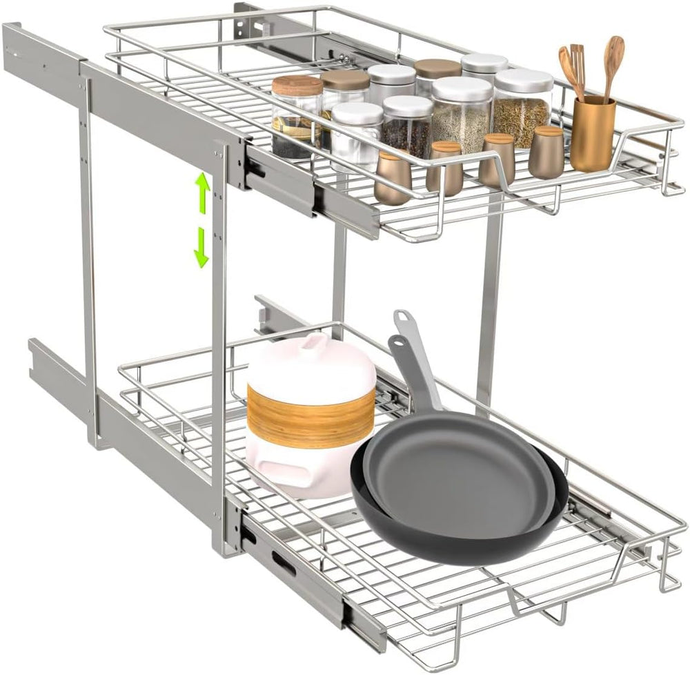 EZKAZA Pull Out Cabinet Organizer 9.5" W x 21" D, 2-Tier Kitchen Ca...
