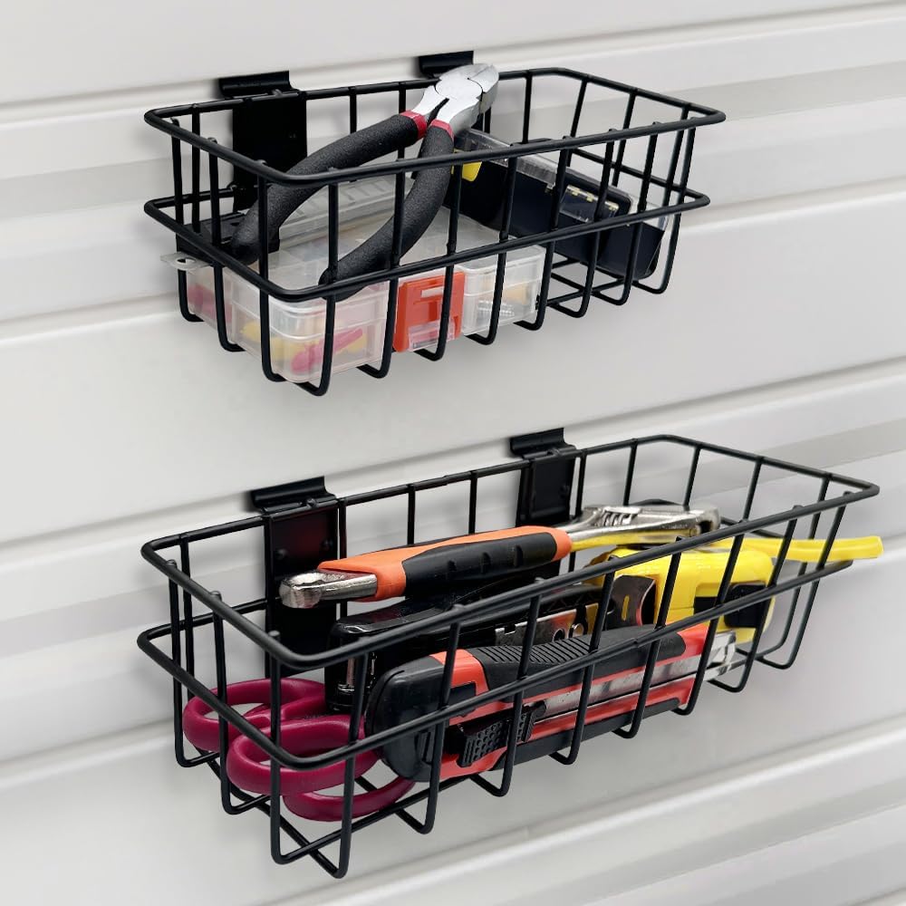 BELLOYON 4Pcs Slatwall Baskets Black 4 Size Metal Slatwall Bins