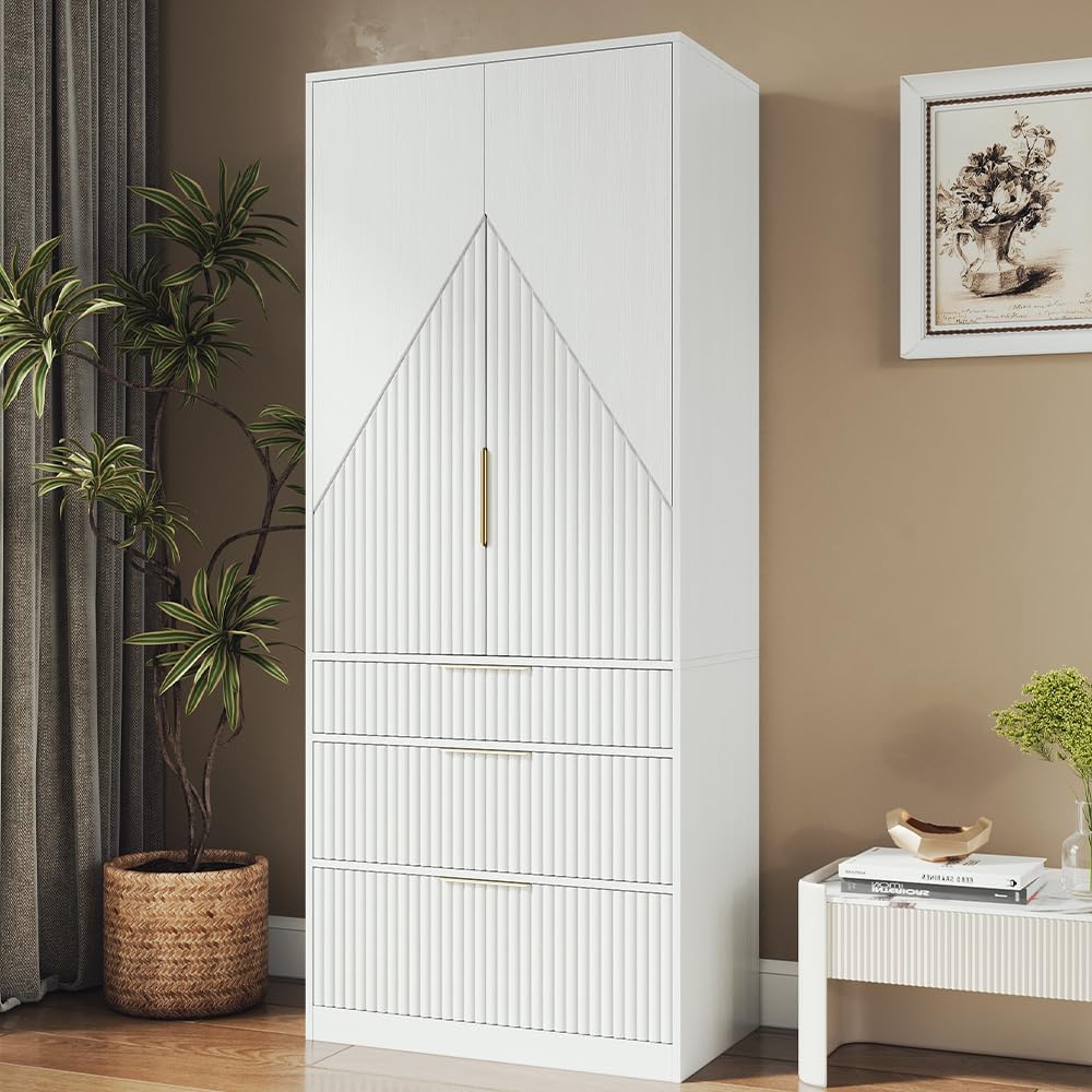 70" Wardrobe Armoire Wooden Closet with 2 Doors and 3 Drawers, Bedroom A...