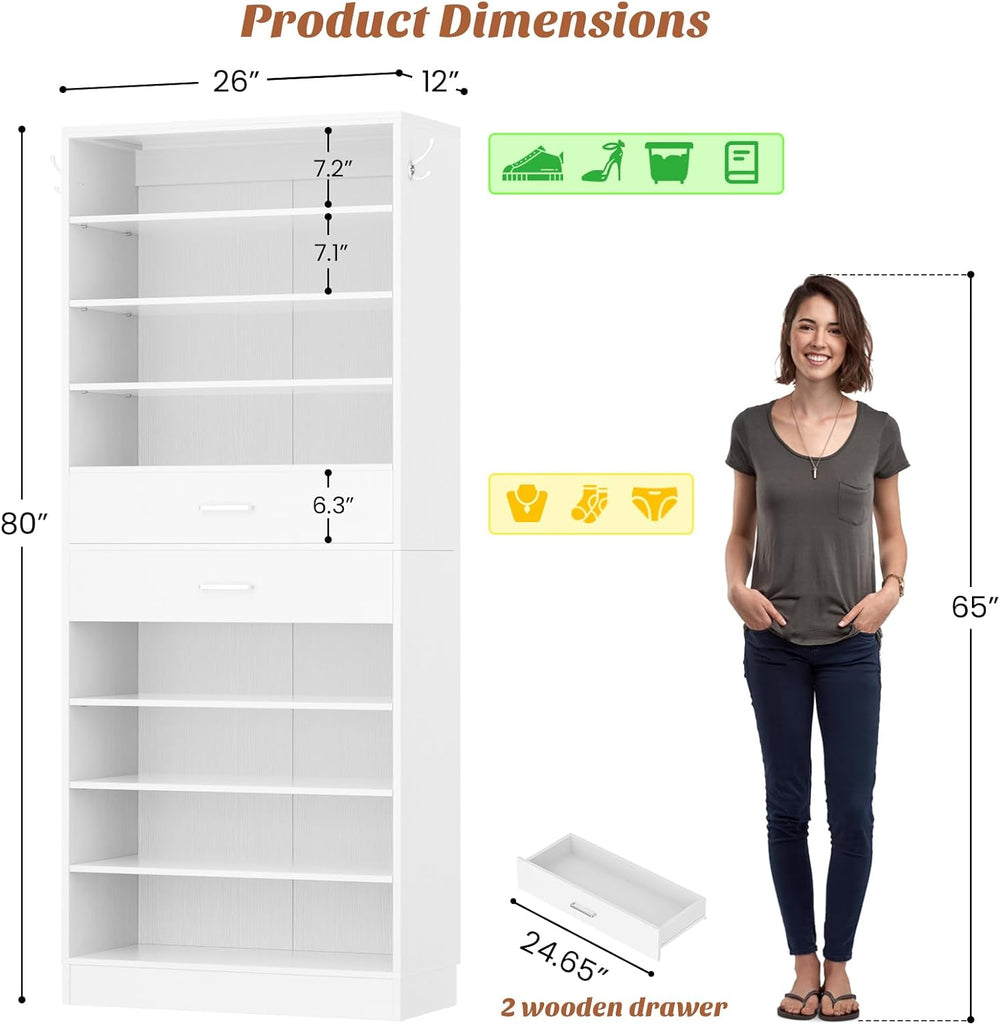 Aheaplus 10 Tiers Tall Shoe Cabinet, 25.6" Wood Sturdy Shoe Rack, White