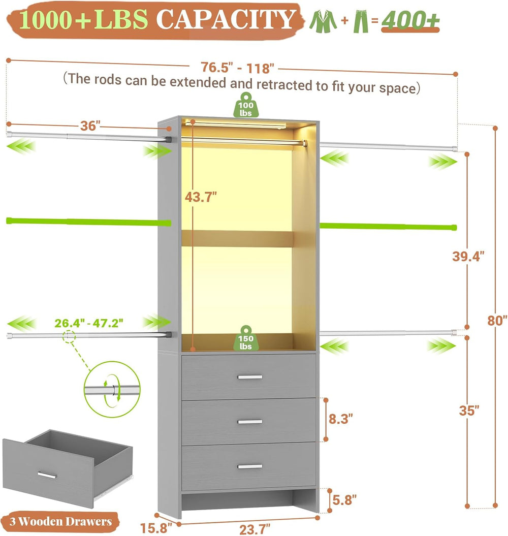 Aheaplus Closet System with Motion-Sensing Light, 3 Wooden Drawers and 4 Hang...