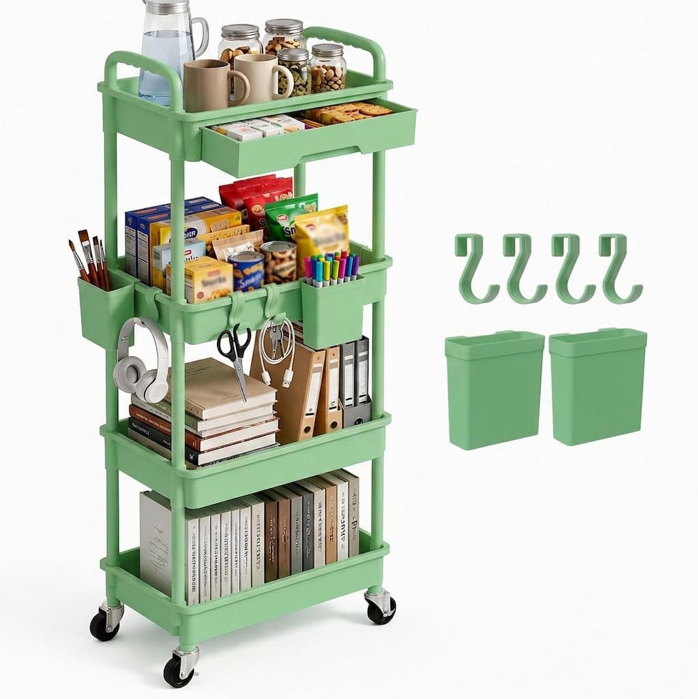 4 Tier Rolling Utility Cart with Drawer, Plastic Storage Organizer Rolling Ca...