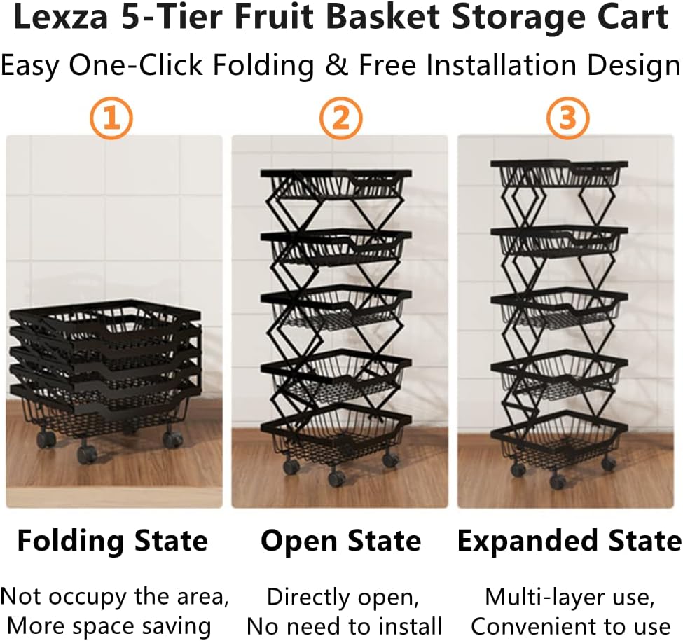 5-Tier Fruit Basket Cart with Wheels, Metal Wire Fruit Vegetable Storage Bask...