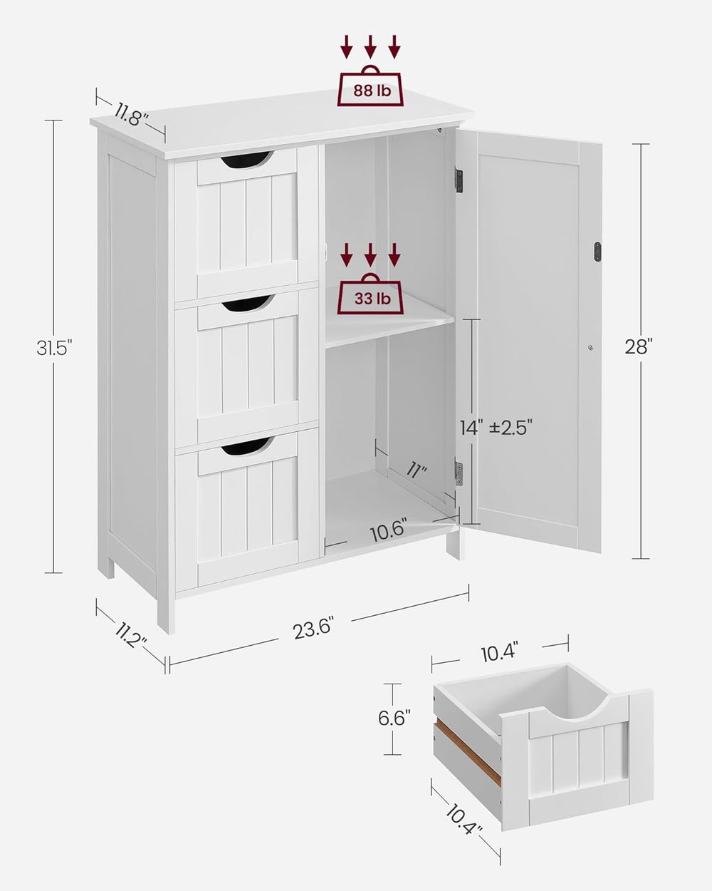 VASAGLE Bathroom Floor Storage Cabinet, 3 Drawers, Cloud White