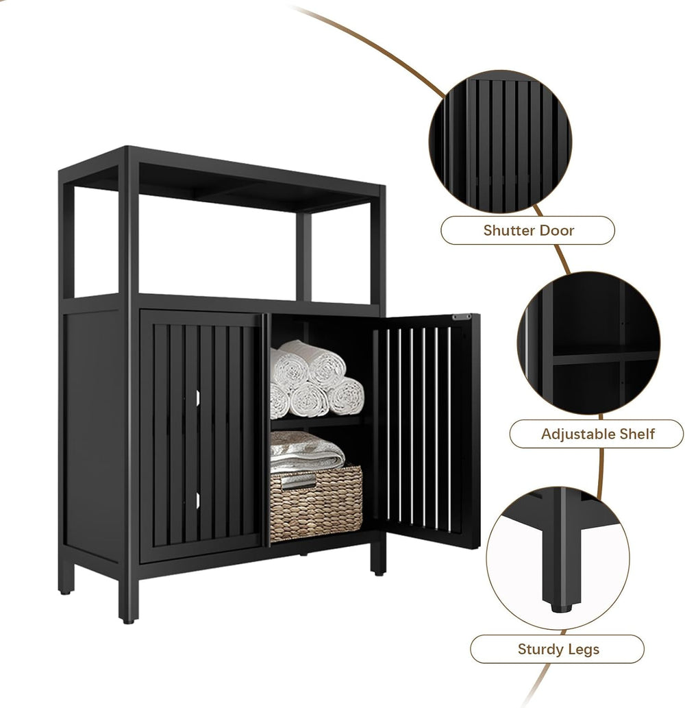 Bamboo Bathroom Storage Cabinet Furniture, Bathroom Floor Cabinet with 2 Shut...