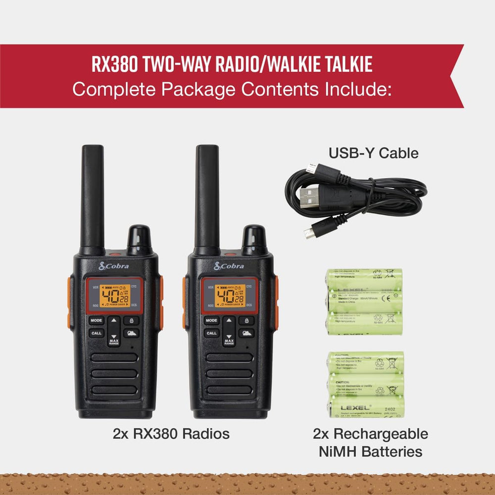 Cobra RX380 Walkie Talkies (2-Pack), 40 Pre-Programmed Channels